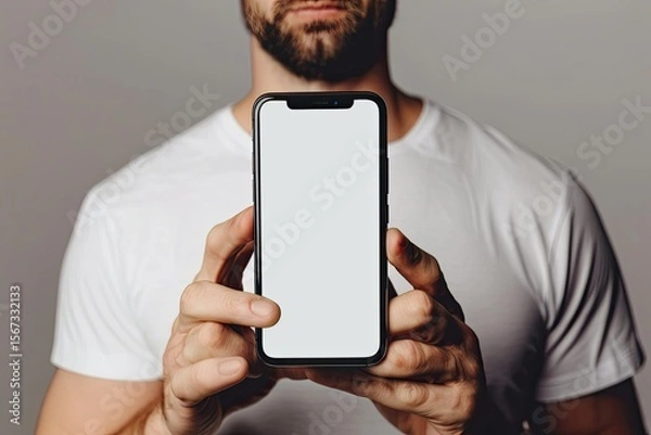 Fototapeta Vibrant Picture of Man Showing His Smartphone Screen Isolated on Grey Background