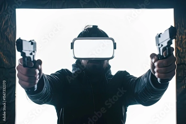 Fototapeta Professional Gamer Wearing Virtual Reality Headset While Playing Shooter Games on Stream