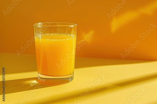 Fototapeta Sharp Image of Close Up Shot of Fresh Orange Juice Glass with Yellow Background