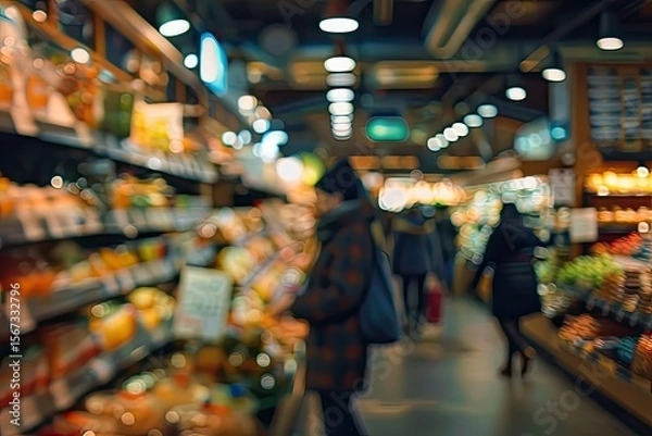 Fototapeta High Definition View of Background Blur of a Grocery Market with Shoppers in Motion