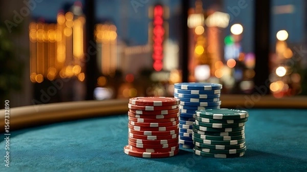 Fototapeta Stacks of red blue and green casino chips on a felt table with a blurred city lights background at night