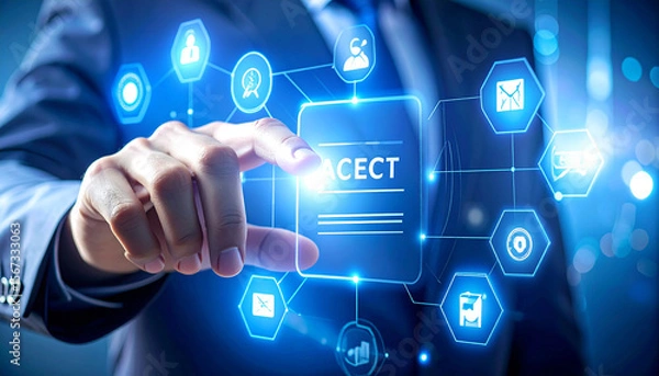 Fototapeta Digital Transformation: A close-up shot of a hand interacting with an abstract digital interface, a visual metaphor for technological advancement and digital innovation.