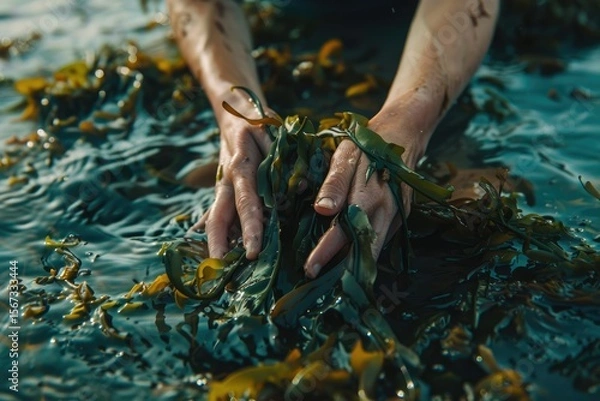 Fototapeta Sharp Image of Human Hands Harvesting Seaweed in the Sea