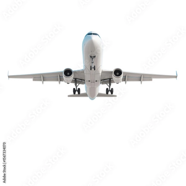 Fototapeta Airplane taking off with clear view of front, showcasing its sleek design and powerful engines