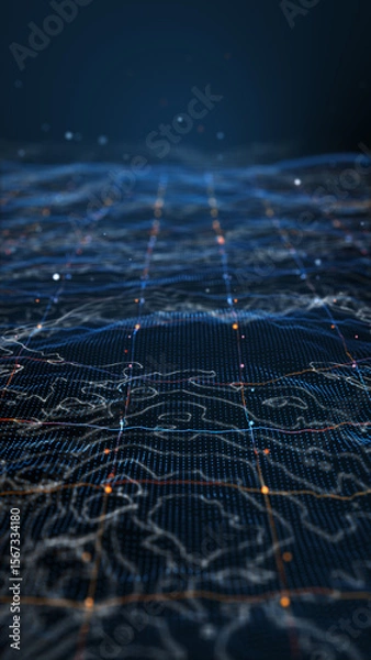 Fototapeta Futuristic Topographic Grid with Glowing Points – Vertical Digital Terrain Background