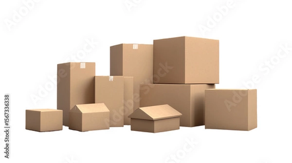 Fototapeta Ready for moving a collection of diverse cardboard boxes stacked tall and on transparent background