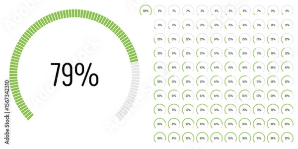 Obraz Set of circular sector arc percentage diagrams meters progress bar from 0 to 100 ready-to-use for web design, user interface UI or infographic - indicator with green