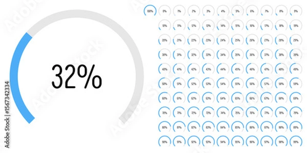 Obraz Set of circular sector arc percentage diagrams meters progress bar from 0 to 100 ready-to-use for web design, user interface UI or infographic - indicator with blue