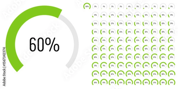 Obraz Set of circular sector arc percentage diagrams meters progress bar from 0 to 100 ready-to-use for web design, user interface UI or infographic - indicator with green
