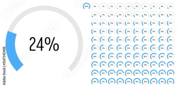Obraz Set of circular sector arc percentage diagrams meters progress bar from 0 to 100 ready-to-use for web design, user interface UI or infographic - indicator with blue