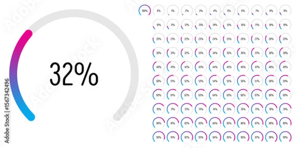 Obraz Set of circular sector arc percentage diagrams meters progress bar from 0 to 100 ready-to-use for web design, user interface UI or infographic - indicator with gradient from blue to magenta hot pink