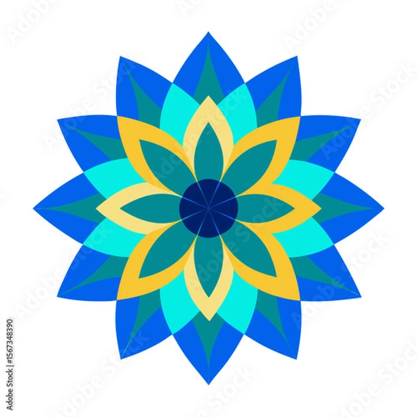 Fototapeta Eight-Point Mandala with Blue and Teal Geometry Outlined in Gold