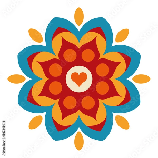 Obraz Folk Art Mandala with Retro Reds, Blues, and a Heart Core