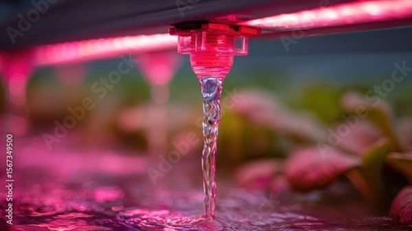Fototapeta Detailed Studio Shot of Hydroponic Nozzle Releasing Red Liquid