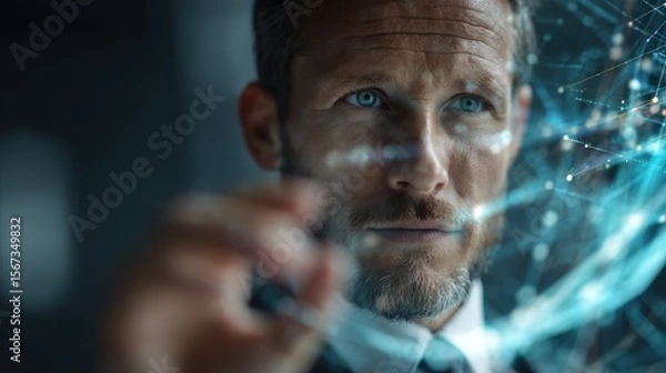 Fototapeta Businessman Holding Transparent Hologram of Global Digital Network