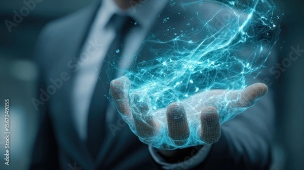 Fototapeta Cinematic Corporate Shot of Executive with Futuristic Virtual Display
