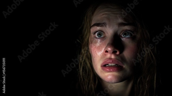 Fototapeta Dramatic Portrait of Woman with Tearful Eyes and Tense Features