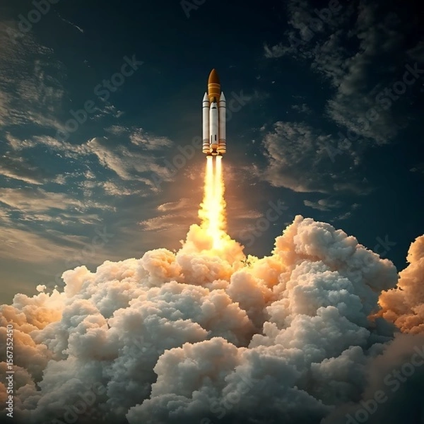 Fototapeta Rocket. Space shuttle with smoke and explosion takes off into space with sky background. Successful start of a space mission. Travel to Mars. Boy watching rocket ... See More
