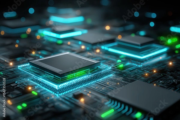 Obraz Ultra-Realistic Neon-Lit Circuit Board with Glossy Chip Modules and Vibrant Glow