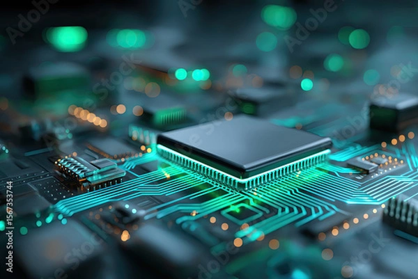 Obraz Ultra-Realistic Neon-Lit Circuit Board with Glossy Chip Modules and Vibrant Glow