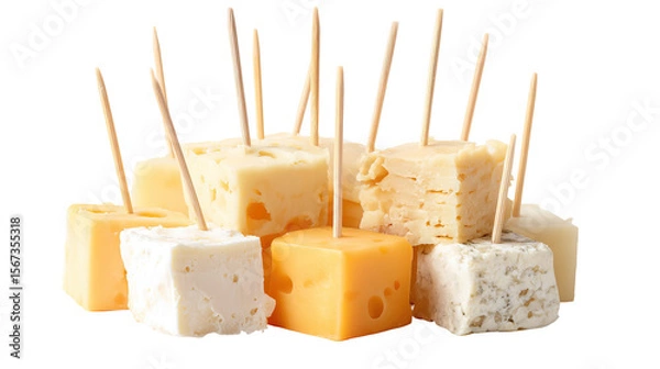 Fototapeta Cheese Cubes with Toothpicks – Neatly Cut Cheese Cubes on Transparent Background

