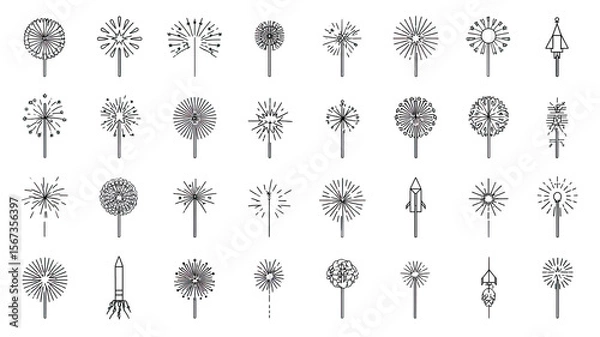 Fototapeta Minimalist Fireworks Line Icons – Thin-Line Style Firework Icons on Transparent Background

