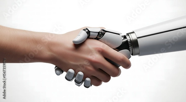 Fototapeta human hand and a robotic hand shaking each other in harmony.