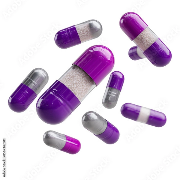 Obraz pills isolated on white.Several purple and silver capsules are floating against a black background. Some capsules are filled with white granules. This image features a transparent background, making i