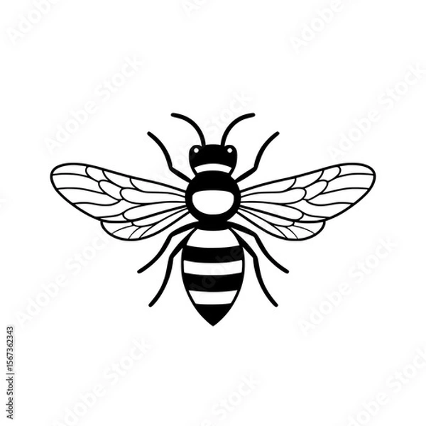 Fototapeta Stylized bee icon in black outline with large eyes, visible wings, and segmented body