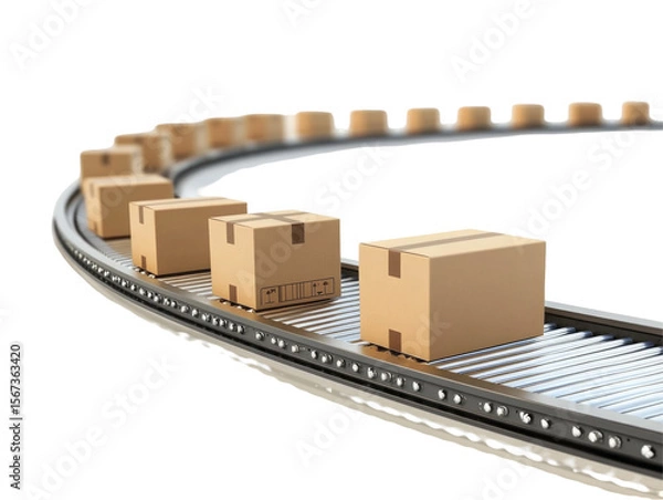 Fototapeta Long Conveyor Belt With Boxes Moving Along  isolated on a transparent background