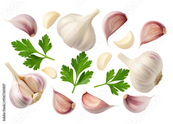 Obraz A scattered arrangement of garlic bulbs cloves and fresh parsley sprigs on a black background surface