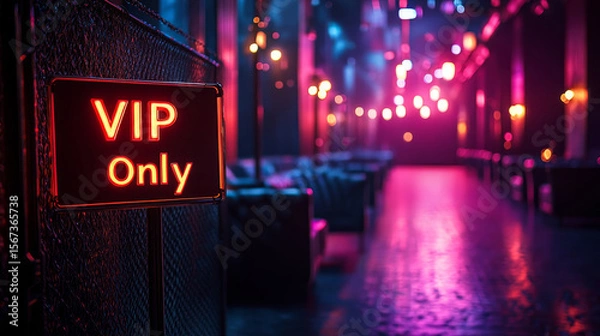 Obraz A neon-lit VIP Only sign at the entrance of a dimly lit, stylish lounge or nightclub with vibrant pink and blue lighting.