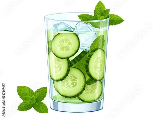 Fototapeta Refreshing Cucumber Mint Drink Illustration