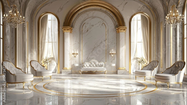 Fototapeta Grand Royal Palace Interior with Marble Columns, Gold Arches, Ornate Chandeliers, Classic White Furniture, and Luxurious 3D Architectural Elegance in an Opulent Decorative Scene
