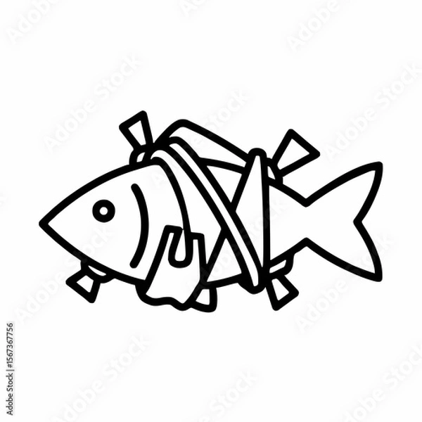 Fototapeta Minimalist Outline Fish in Plastic Debris Icon – Ocean Pollution Impact on Marine Life, Zero Waste Concept