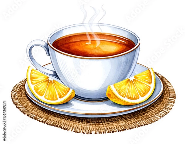Fototapeta Steaming Tea Illustration with Lemon