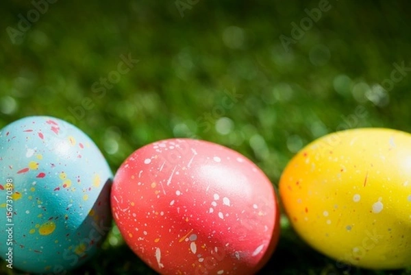Fototapeta Easter eggs on grass in garden