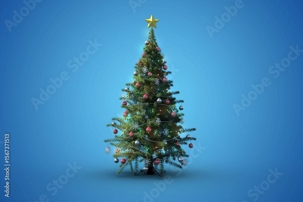 Fototapeta Decorated Christmas tree is standing in flat design blue gradient backdrop, string lights, baubles