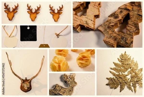 Obraz Flat lay collage is showing deer head ornaments and glittered tree shapes on neutral beige surface