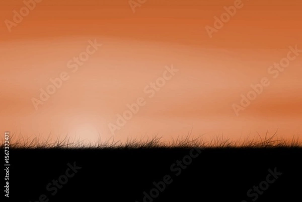 Fototapeta Minimalistic flat design countryside showing glowing sun disk rising above black grass silhouette
