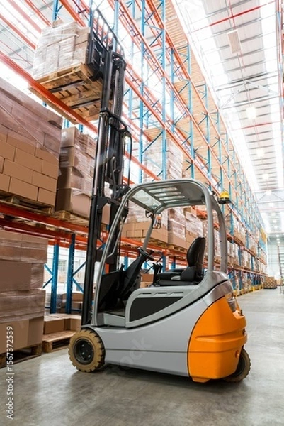 Obraz Forklift carrying cardboard boxes by shelves