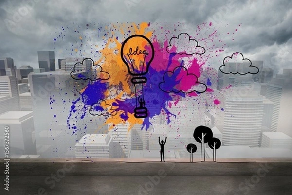 Fototapeta Hot air balloon on splashes over cityscape