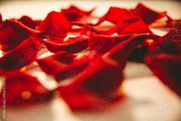 Obraz Scattered red rose petals on table