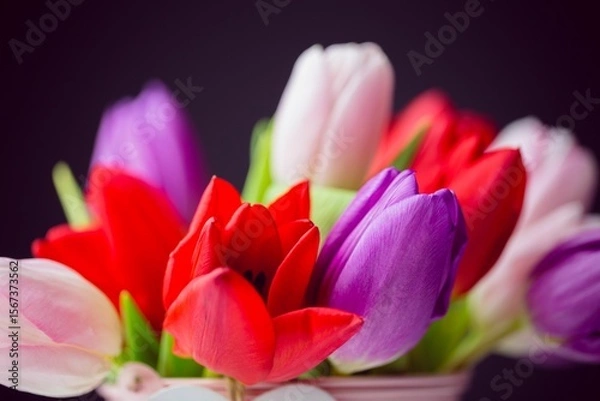 Obraz Flat design is showing multicolored tulip bouquet with light-colored container and green stems