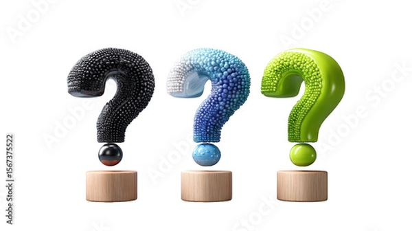 Obraz Three colorful question mark sculptures on wooden bases, symbolizing curiosity and inquiry