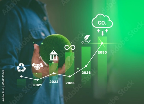 Obraz Green business, Corporate responsibility sustainable environment, Net zero and ESG concept, Co2, Carbon footprint report and carbon neutral or offset, Save planet, World earth day, Sustainable living