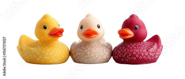 Obraz Three colorful rubber ducks in a playful arrangement, showcasing vibrant colors and patterns