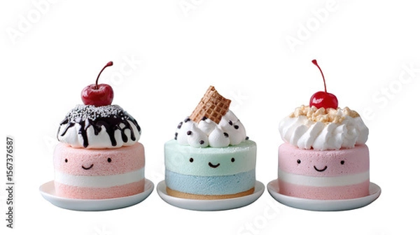 Obraz Three colorful, smiling cakes with toppings on plates, set against a plain background