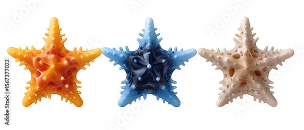 Obraz Three colorful star-shaped sea creatures displayed side by side against a white background