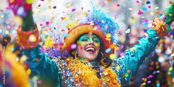 Fototapeta A joyful carnival with confetti, bright costumes, and enthusiastic participants